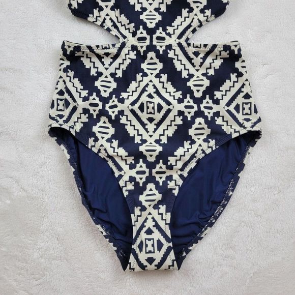 Tory Burch Blue White Tapestry Geometric Cut Out One Piece Swimsuit Size XS - Picture 8 of 14